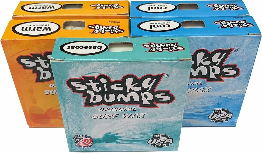 Sticky Bumps 1 Base Coat + 2 Cool + 2 Warm Water Original Surf Wax 5 Pack 3 Sticky Bumps 1 Base Coat + 2 Cool + 2 Warm Water Original Surf Wax 5 Pack